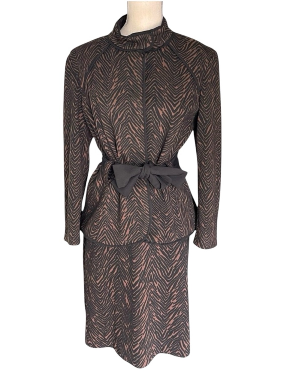 LIGHT Black/Brown Animal Print Belt Tie Jacket Pencil Skirt 2 Piece Suit (L/10)